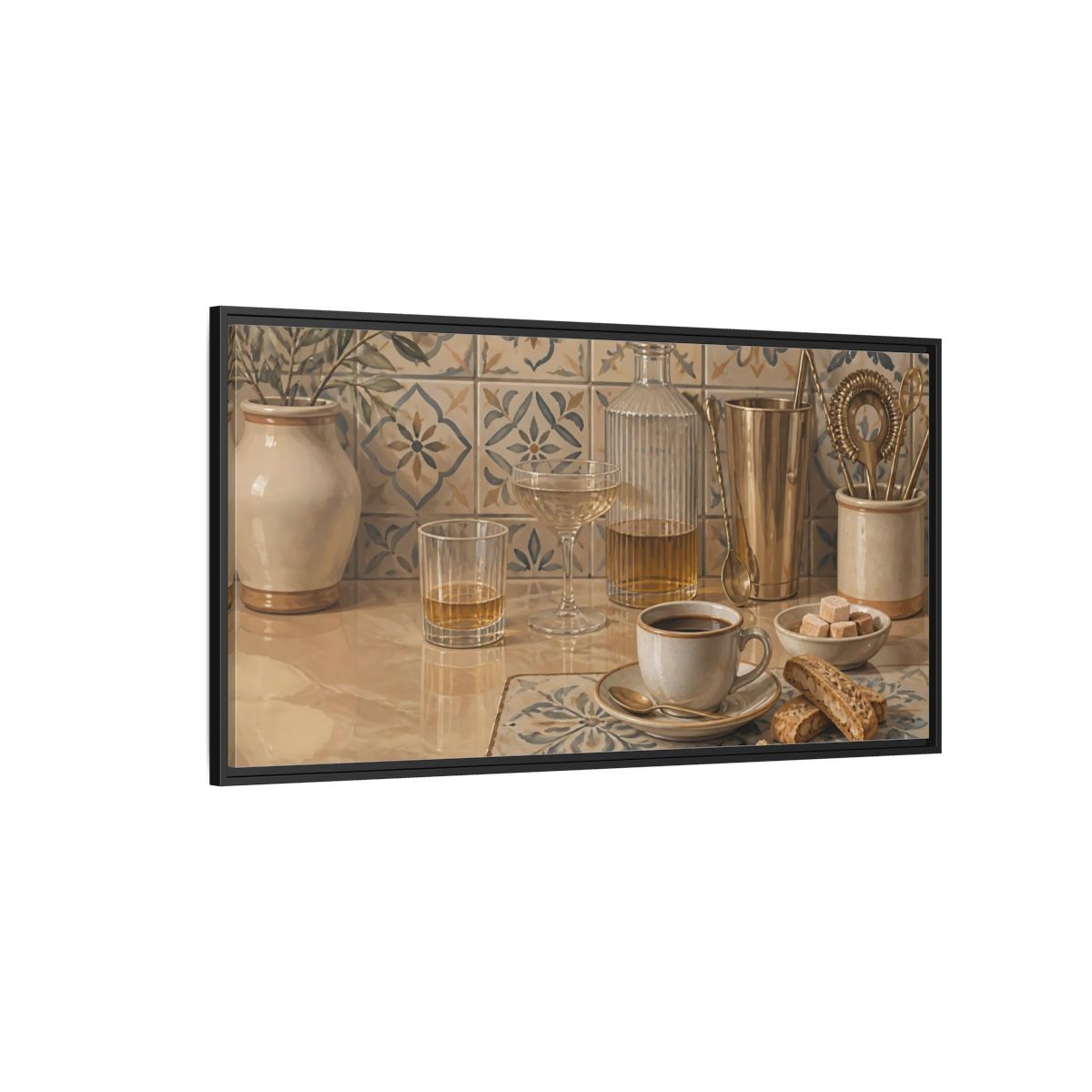 Side Mockup 5. Coffee And Biscotti On Tile shown as framed canvas print