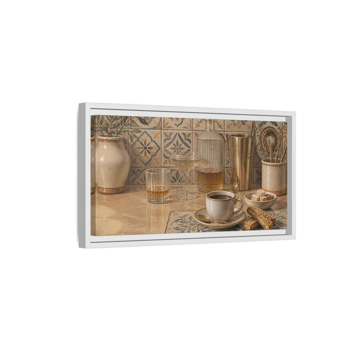 Side Mockup 6. Coffee And Biscotti On Tile shown as framed canvas print