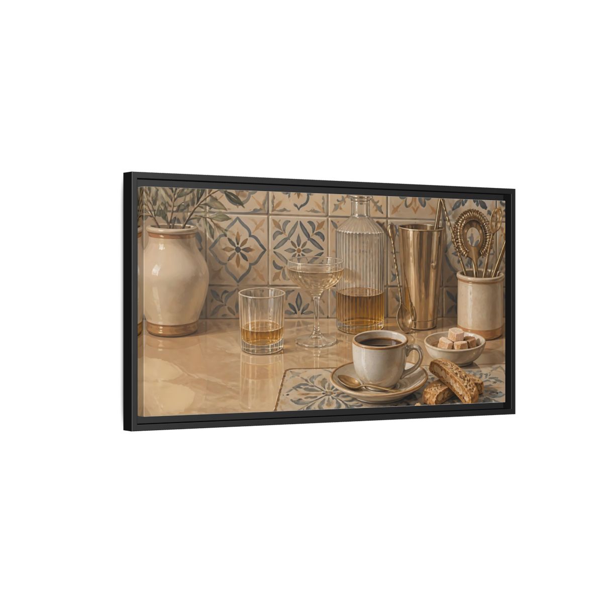 Side Mockup 2. Coffee And Biscotti On Tile shown as framed canvas print