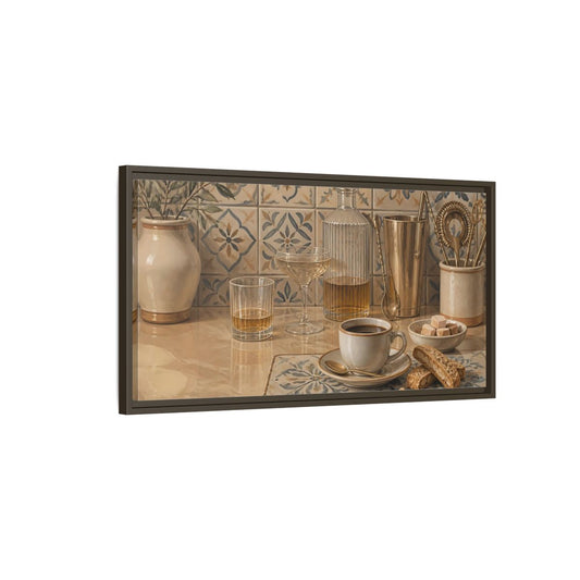 Main Mockup. Coffee And Biscotti On Tile shown as framed canvas print