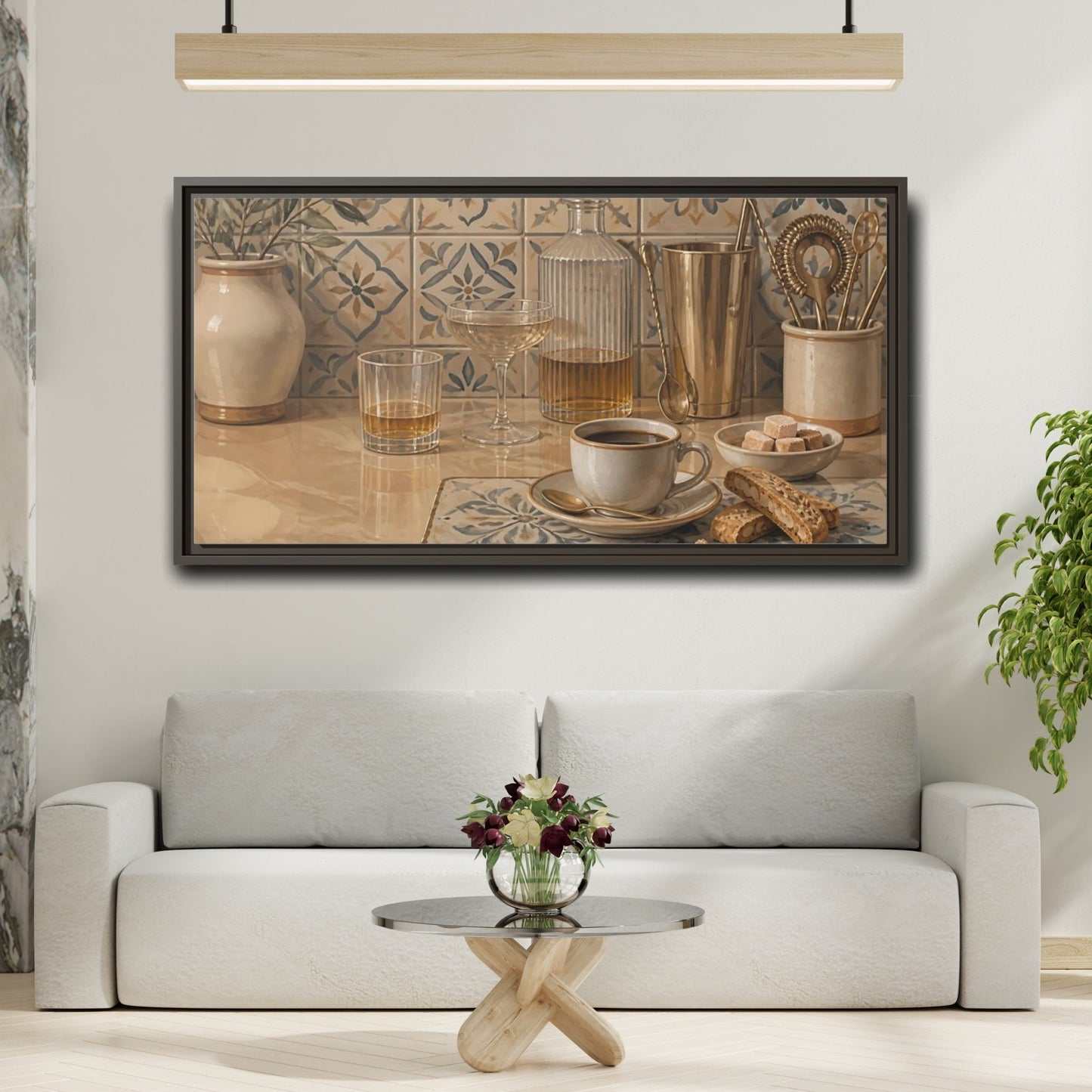 Mockup 2. Coffee And Biscotti On Tile shown as framed canvas print