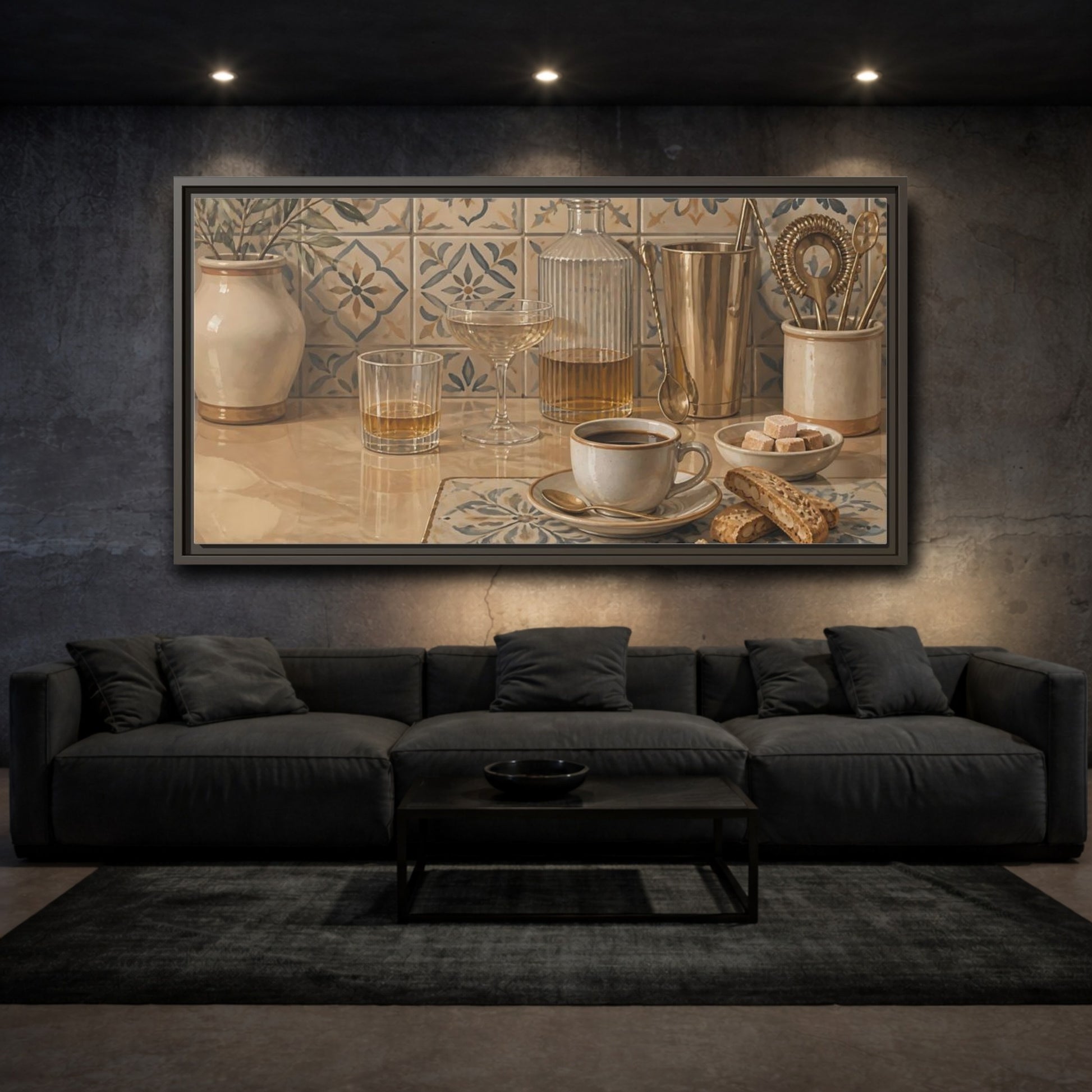 Mockup 3. Coffee And Biscotti On Tile shown as framed canvas print