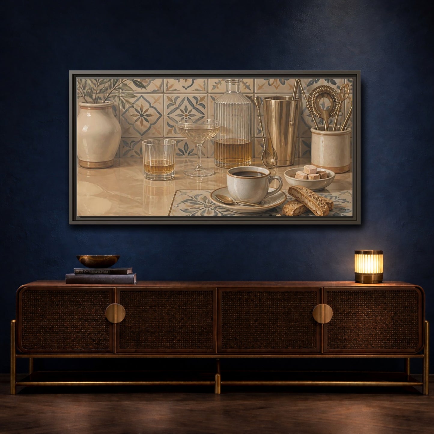 Mockup 4. Coffee And Biscotti On Tile shown as framed canvas print