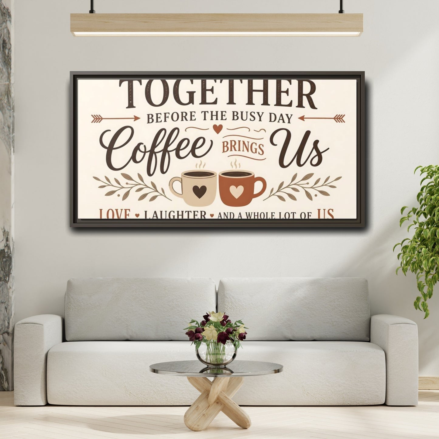 Mockup 2. Coffee Brings Us Together shown as framed canvas print