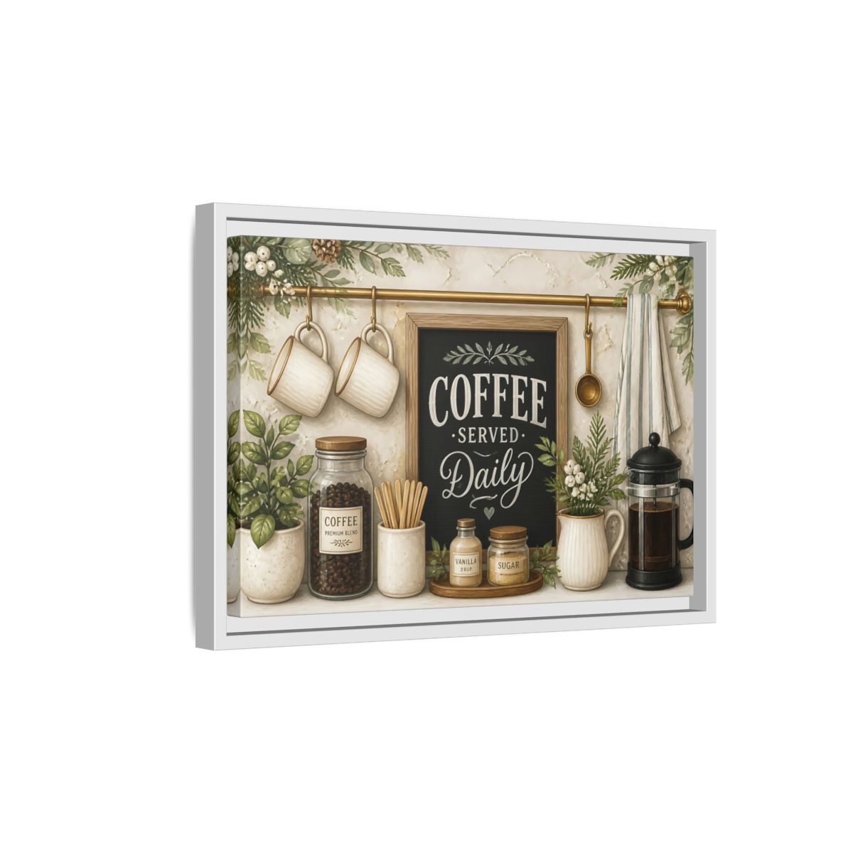 Side Mockup 4. Coffee Served Daily shown as framed canvas print