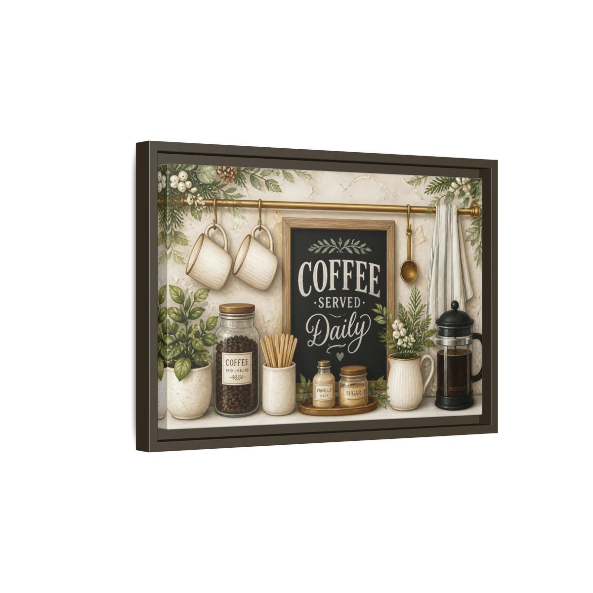 Side Mockup 5. Coffee Served Daily shown as framed canvas print