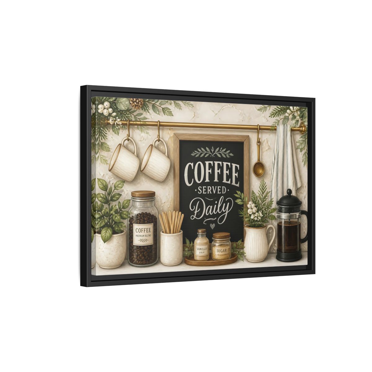 Side Mockup 3. Coffee Served Daily shown as framed canvas print