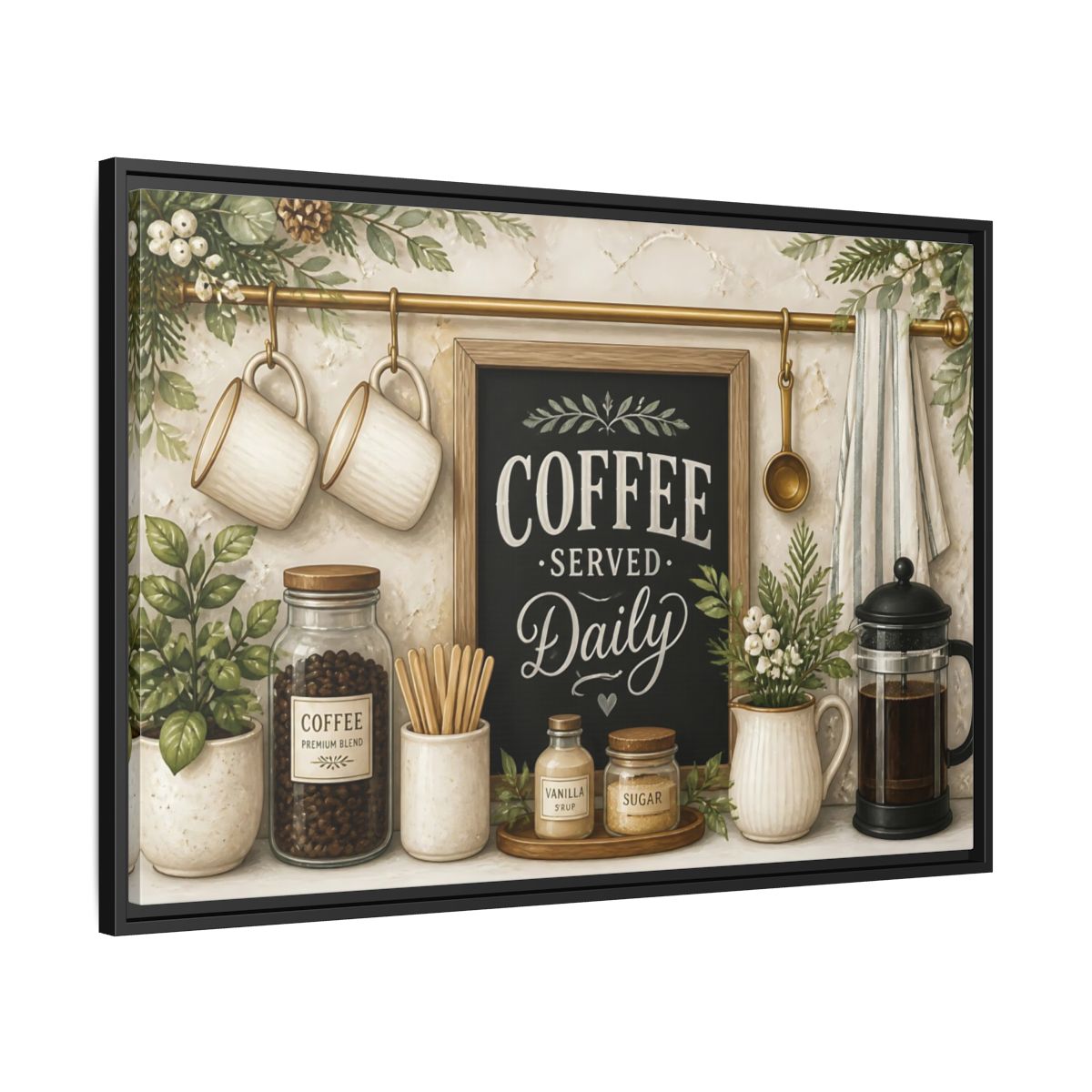 Side Mockup 13. Coffee Served Daily shown as framed canvas print