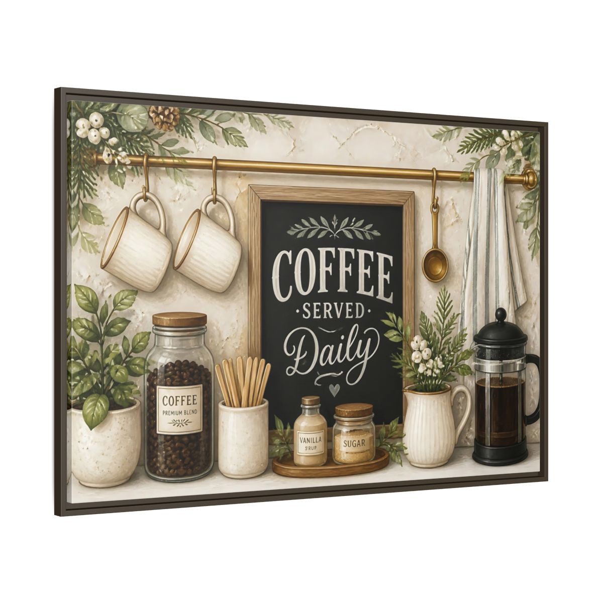 Side Mockup 8. Coffee Served Daily shown as framed canvas print
