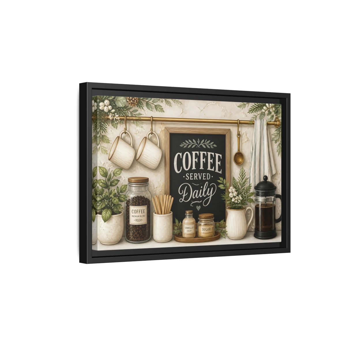 Side Mockup 6. Coffee Served Daily shown as framed canvas print