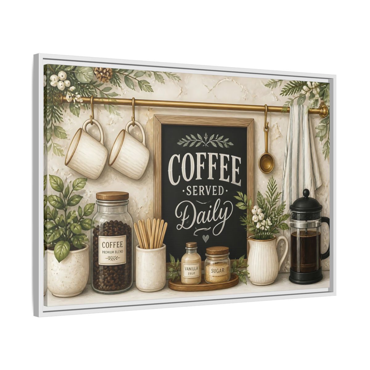 Side Mockup 9. Coffee Served Daily shown as framed canvas print