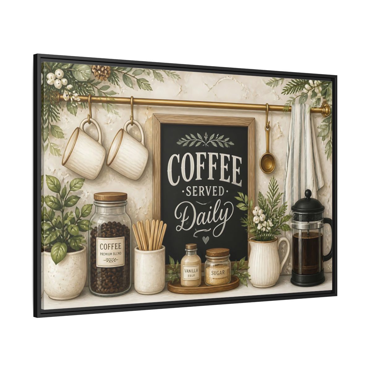 Side Mockup 12. Coffee Served Daily shown as framed canvas print
