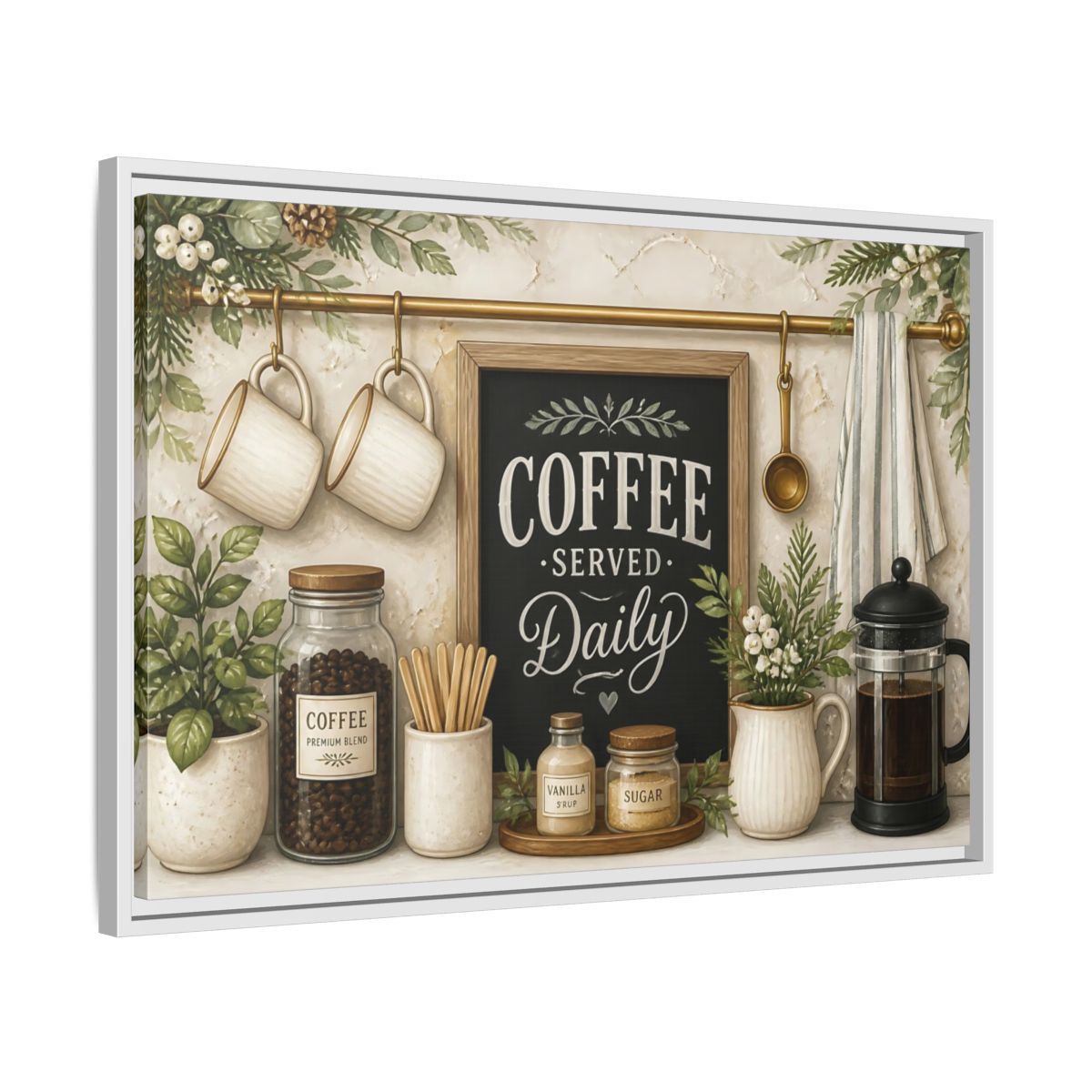 Side Mockup 10. Coffee Served Daily shown as framed canvas print