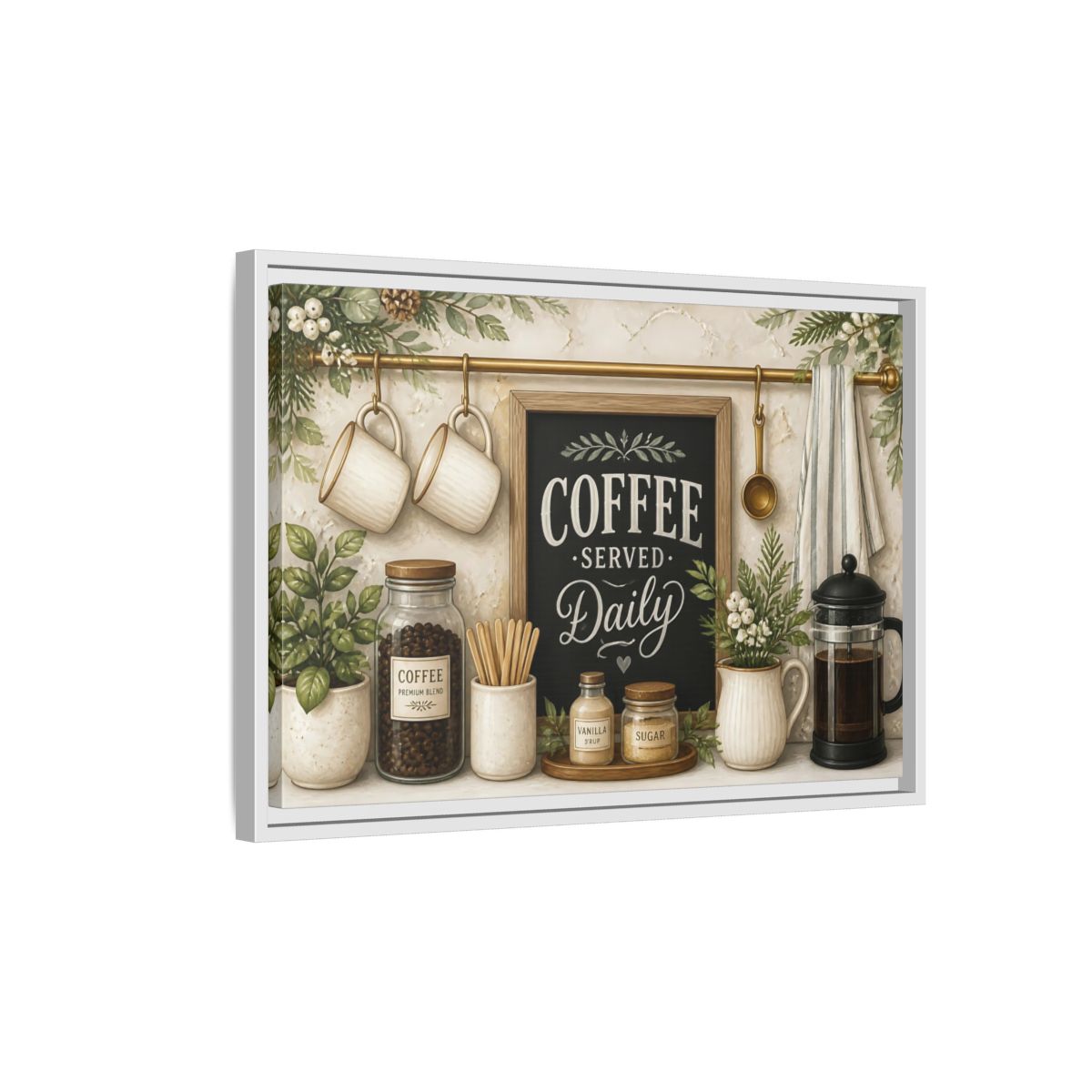 Side Mockup 1. Coffee Served Daily shown as framed canvas print