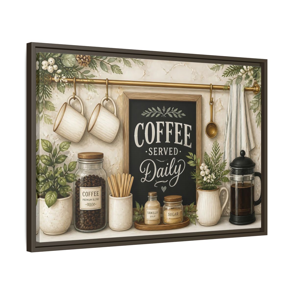 Side Mockup 11. Coffee Served Daily shown as framed canvas print
