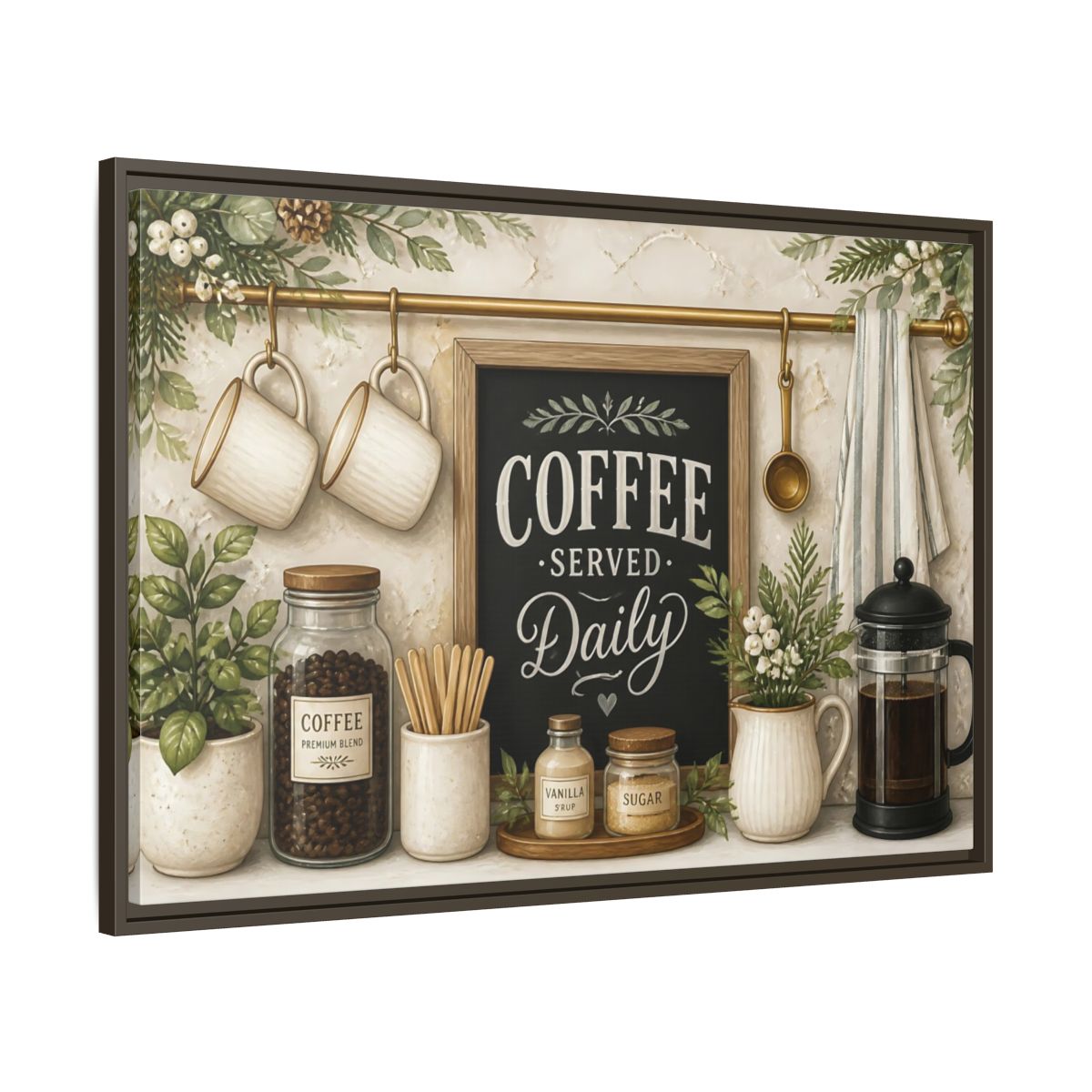 Main Mockup. Coffee Served Daily shown as framed canvas print