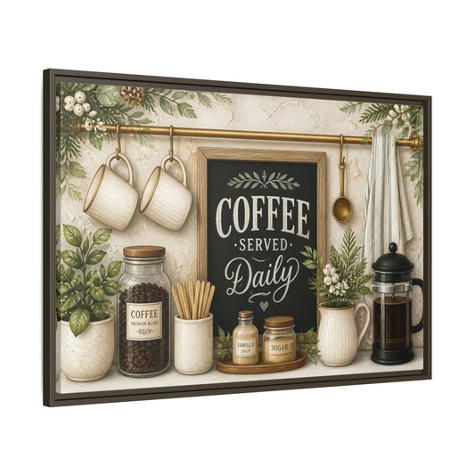 Main Mockup. Coffee Served Daily shown as framed canvas print