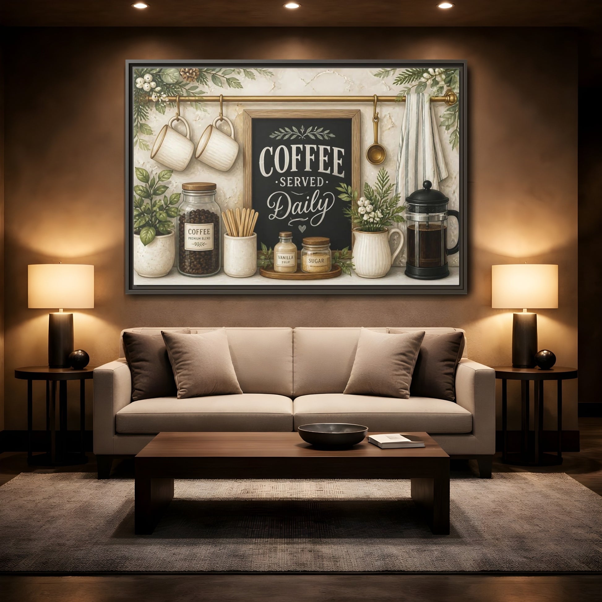 Mockup 2. Coffee Served Daily shown as framed canvas print