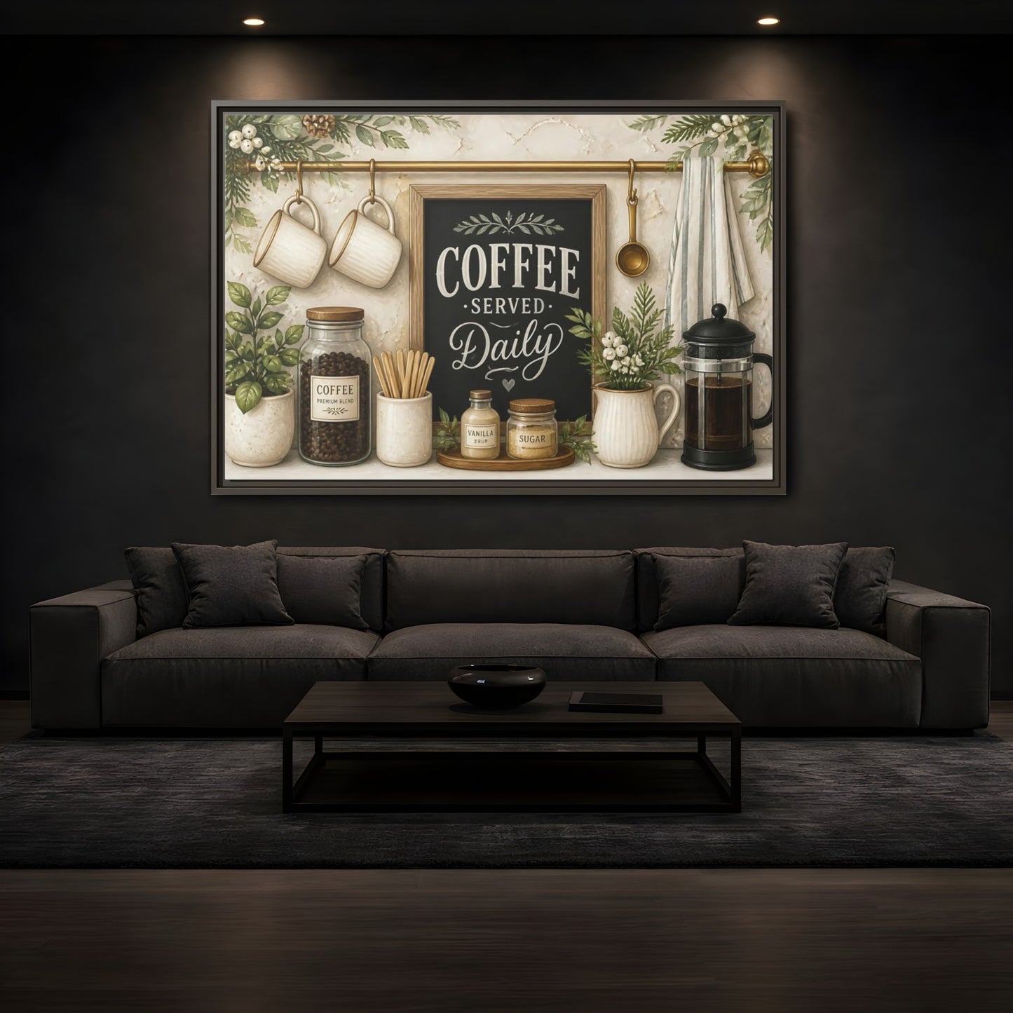 Mockup 3. Coffee Served Daily shown as framed canvas print
