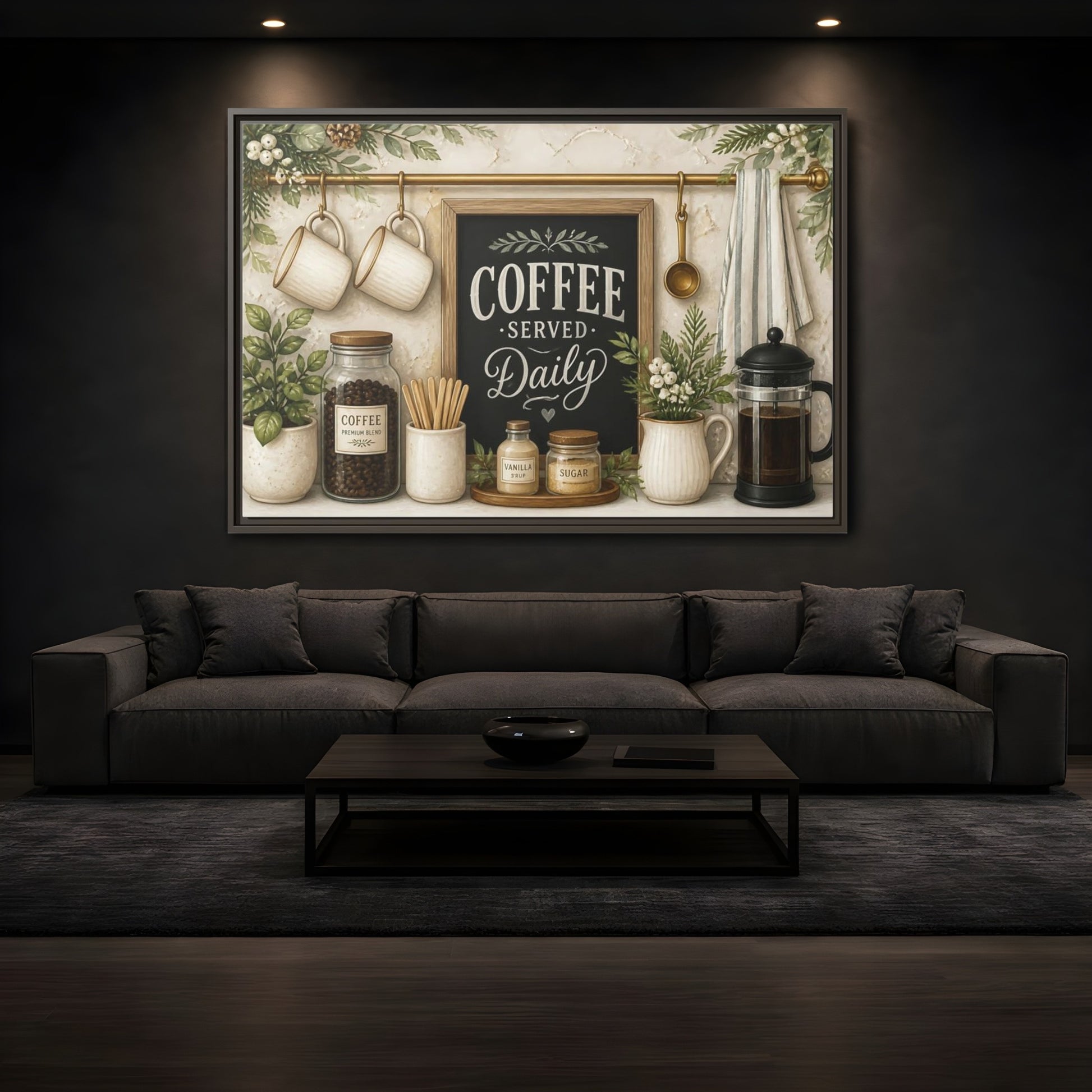 Mockup 3. Coffee Served Daily shown as framed canvas print