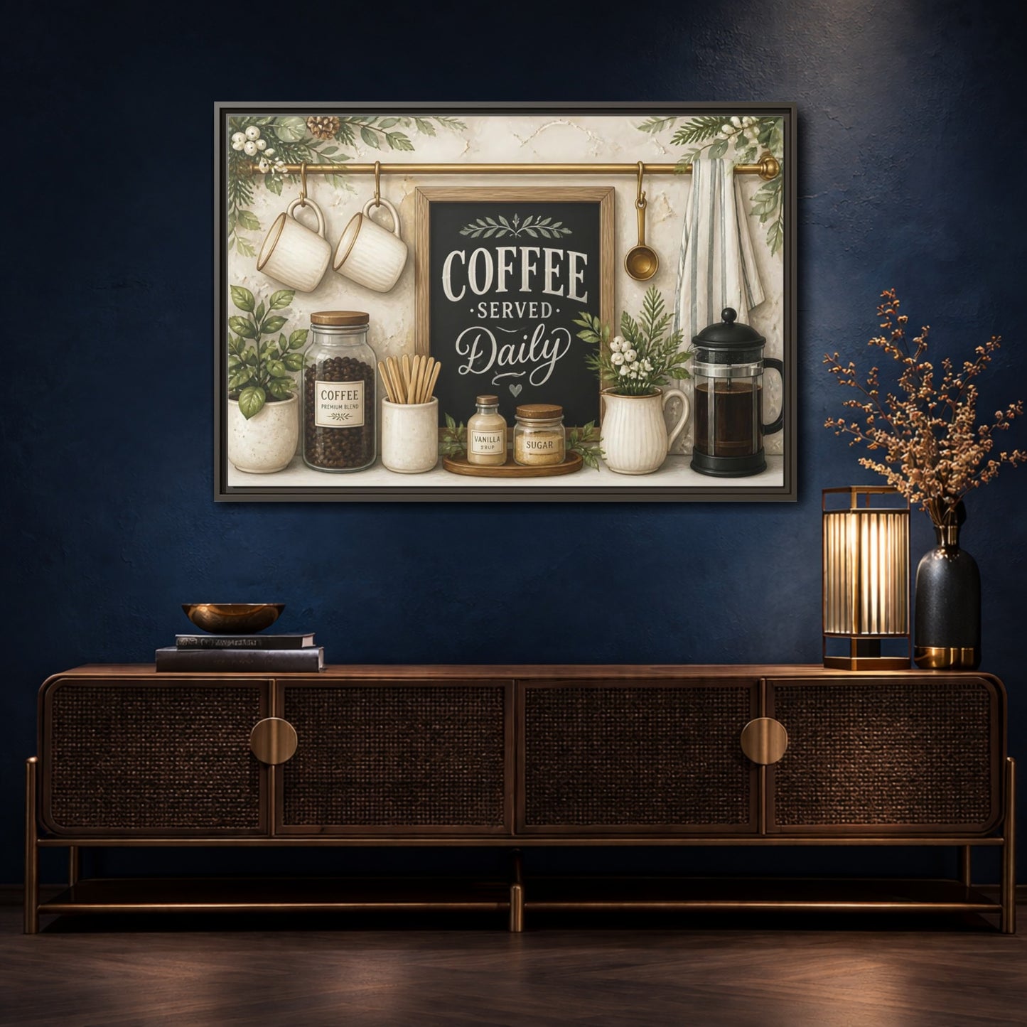 Mockup 4. Coffee Served Daily shown as framed canvas print