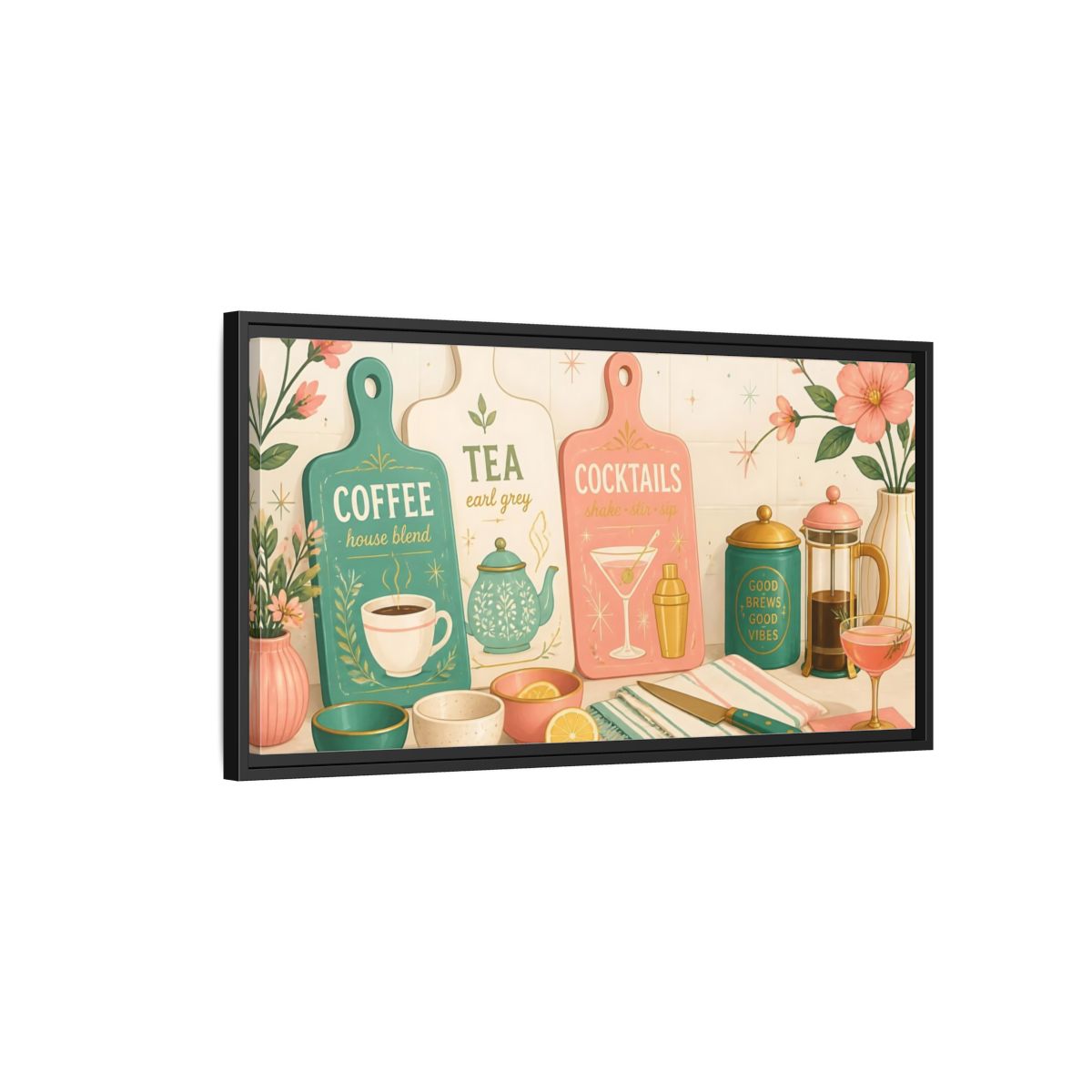 Side Mockup 2. Coffee Tea Cocktails Trio shown as framed canvas print