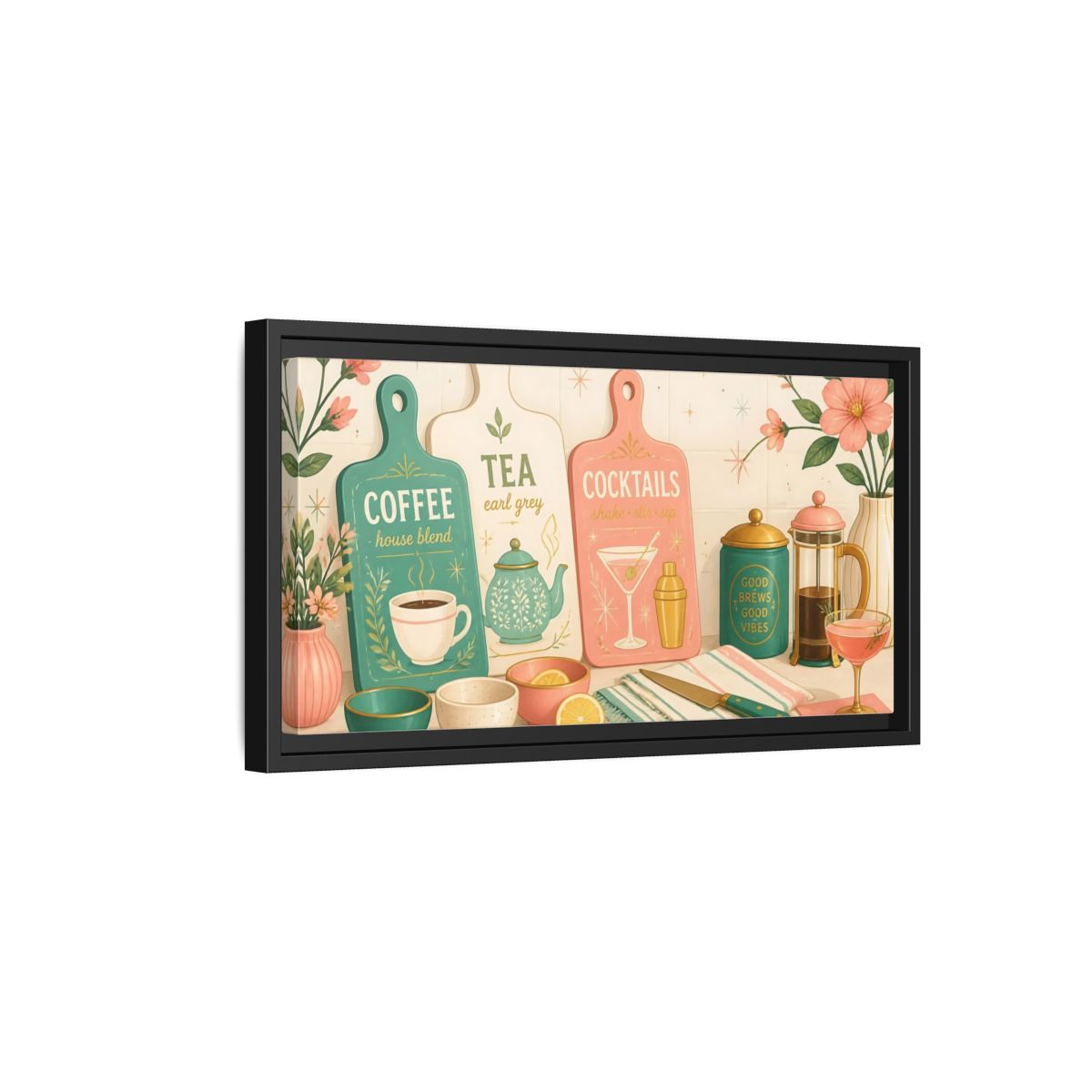Side Mockup 8. Coffee Tea Cocktails Trio shown as framed canvas print