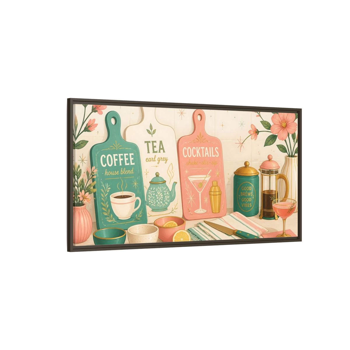 Side Mockup 4. Coffee Tea Cocktails Trio shown as framed canvas print