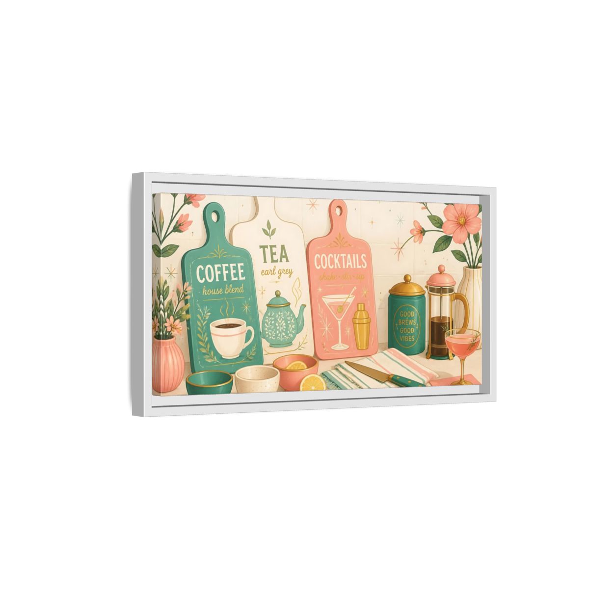 Side Mockup 6. Coffee Tea Cocktails Trio shown as framed canvas print