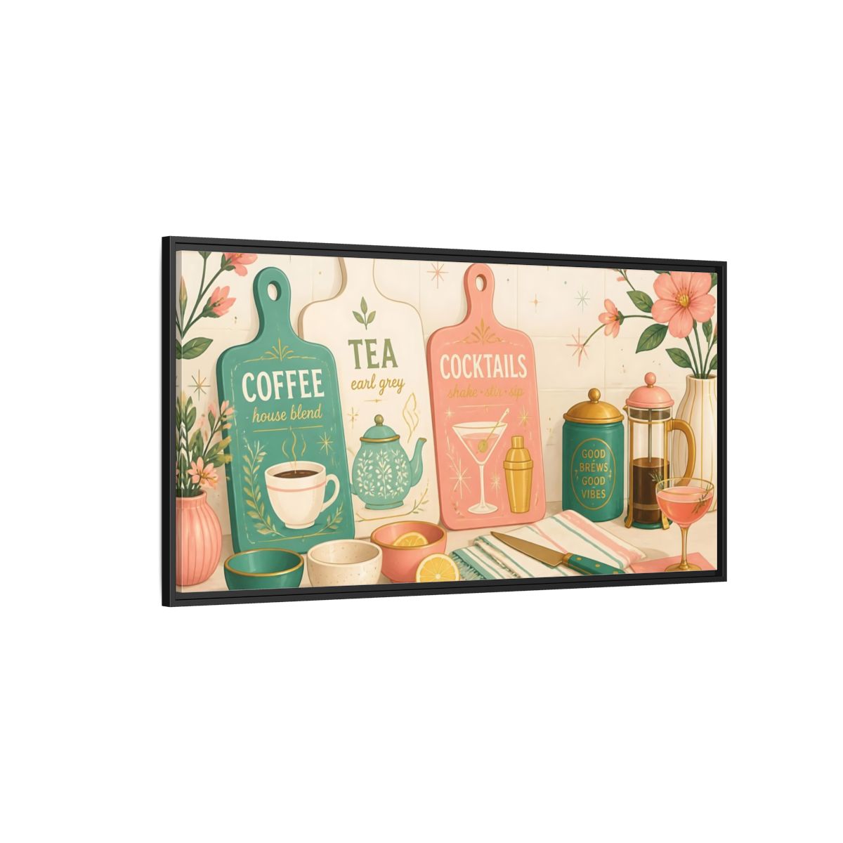 Side Mockup 5. Coffee Tea Cocktails Trio shown as framed canvas print