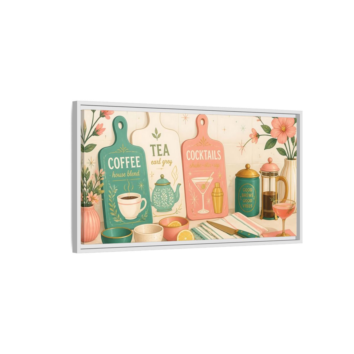 Side Mockup 1. Coffee Tea Cocktails Trio shown as framed canvas print