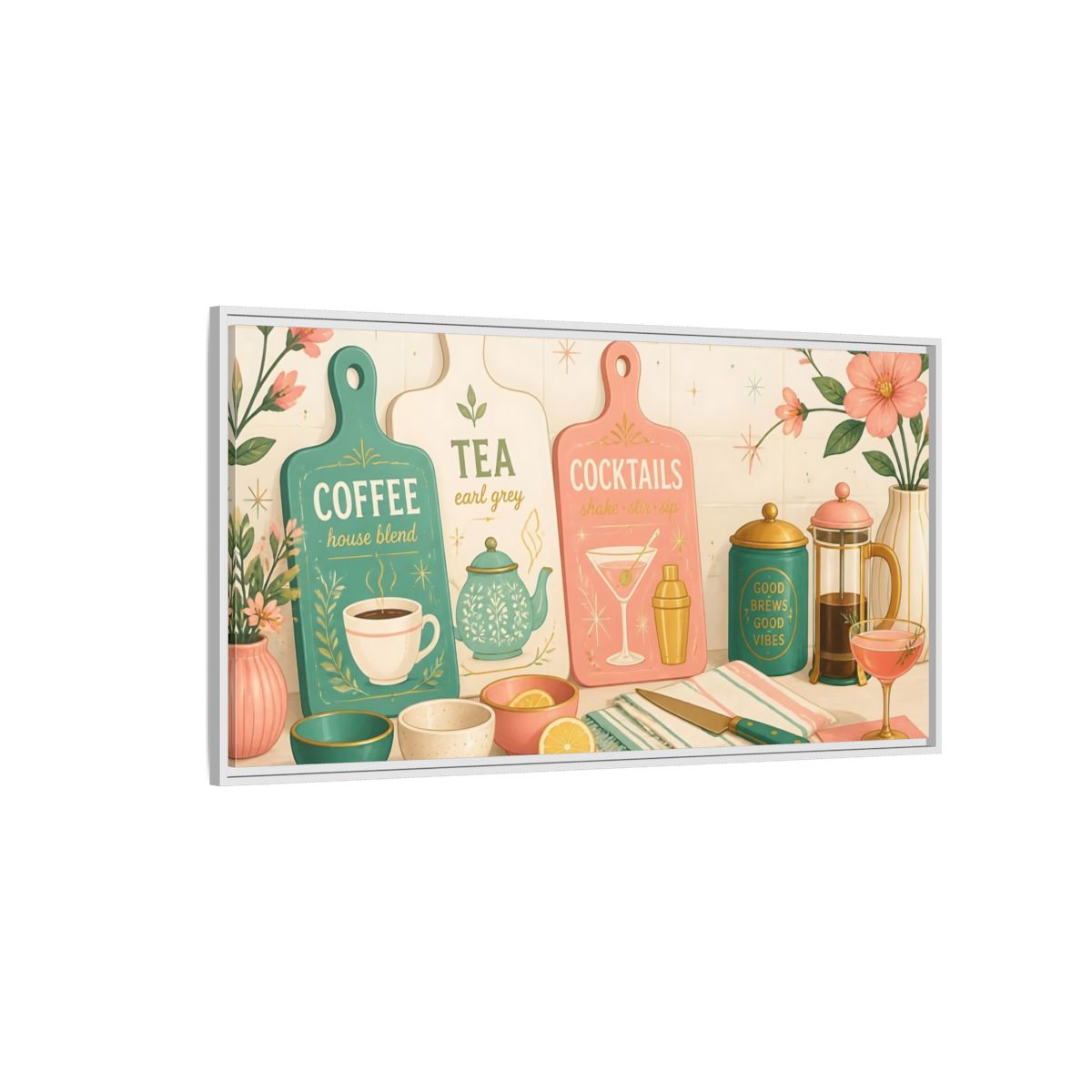 Side Mockup 3. Coffee Tea Cocktails Trio shown as framed canvas print