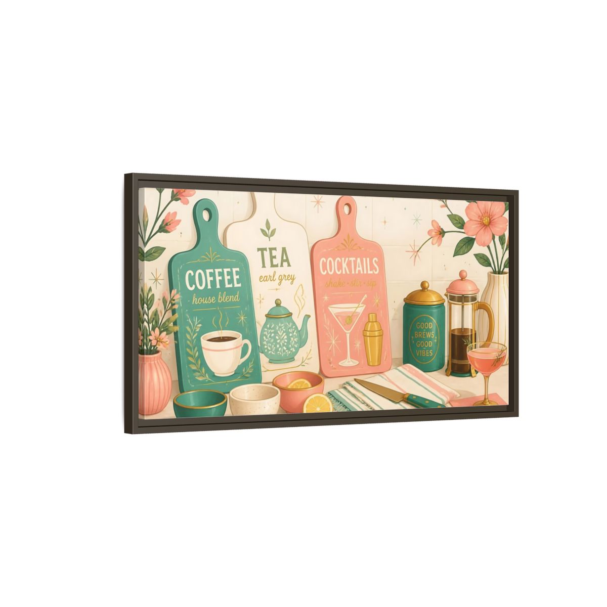 Main Mockup. Coffee Tea Cocktails Trio shown as framed canvas print