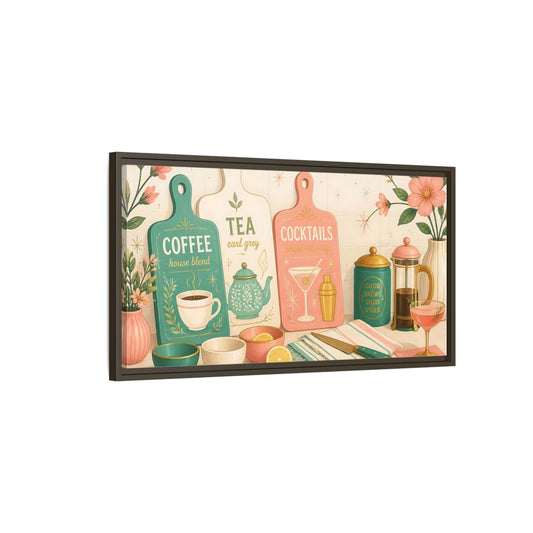 Main Mockup. Coffee Tea Cocktails Trio shown as framed canvas print