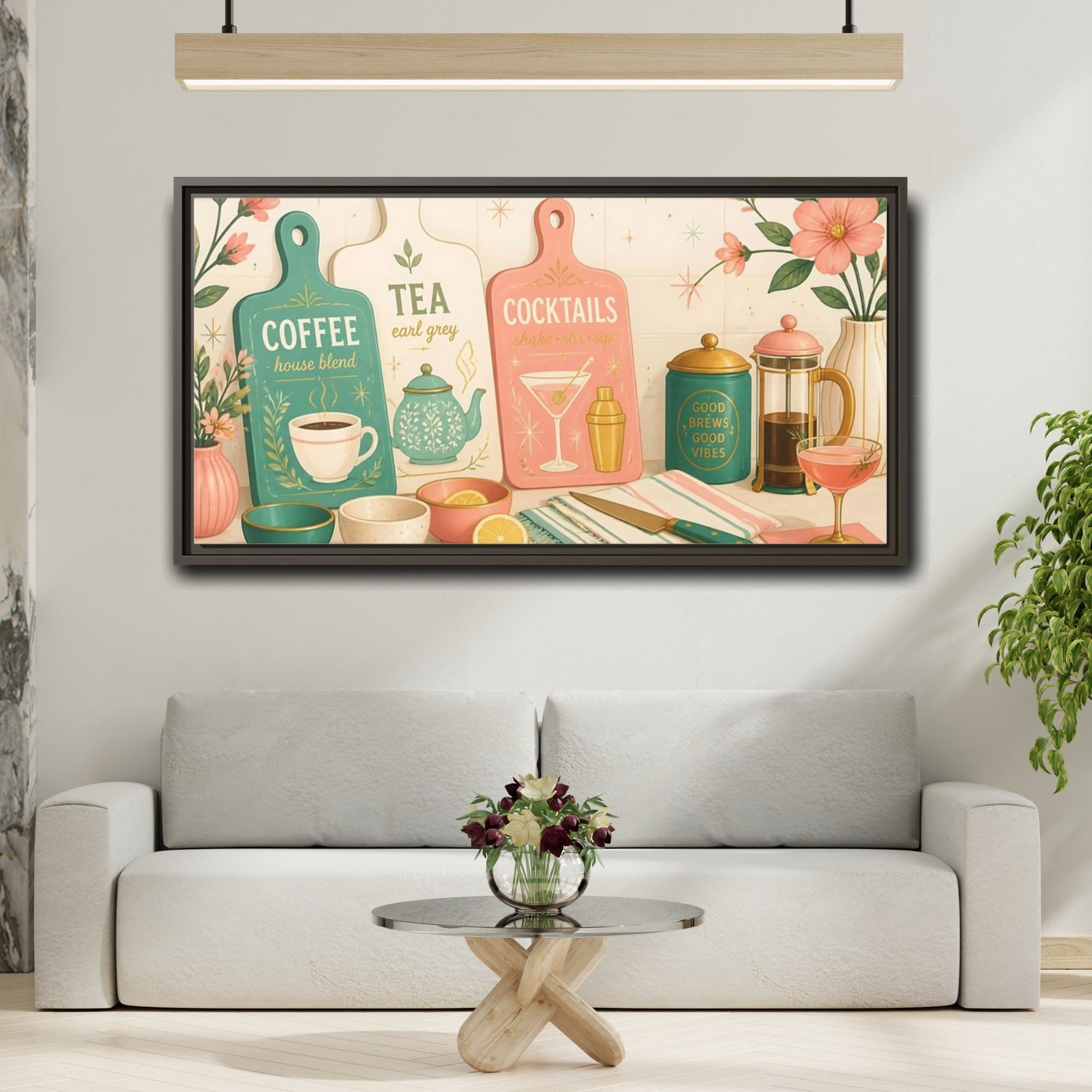 Mockup 2. Coffee Tea Cocktails Trio shown as framed canvas print