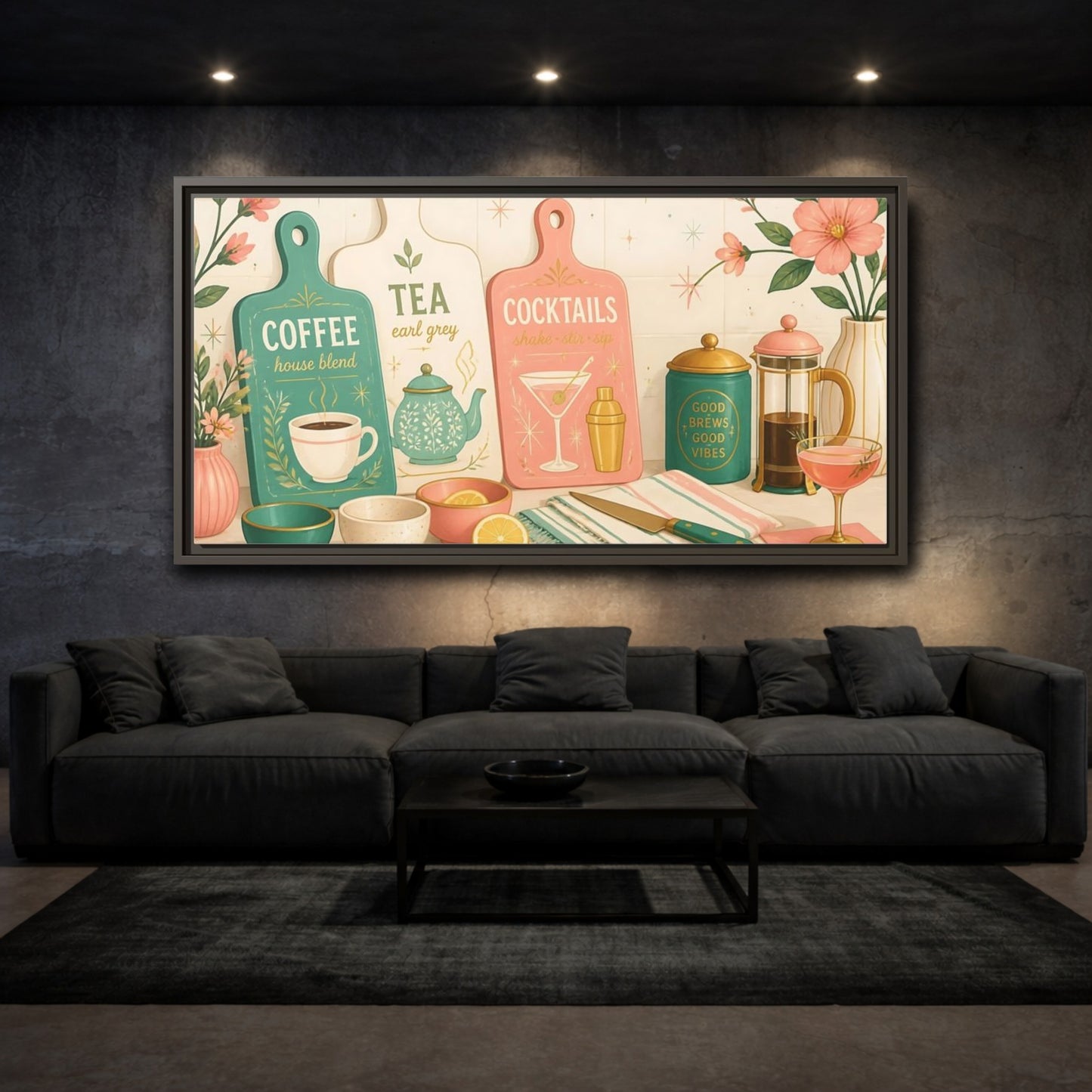 Mockup 3. Coffee Tea Cocktails Trio shown as framed canvas print