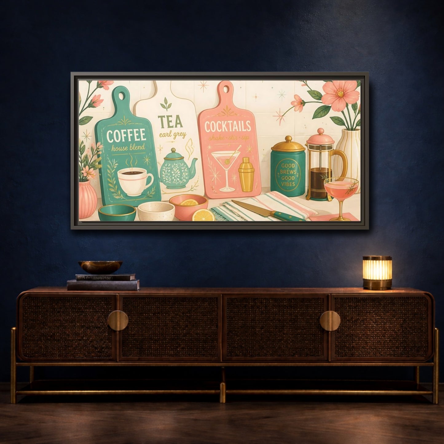 Mockup 4. Coffee Tea Cocktails Trio shown as framed canvas print