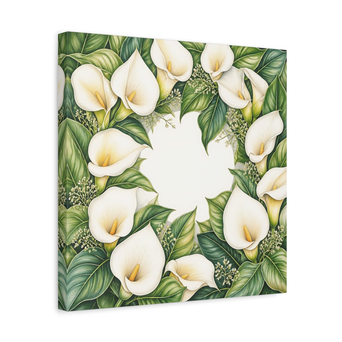 Side Mockup 6. Colored Pencil Realism, Fine Detailing, Smooth Shading Ivory Calla Lily Memory Grace shown as stretched canvas wall art