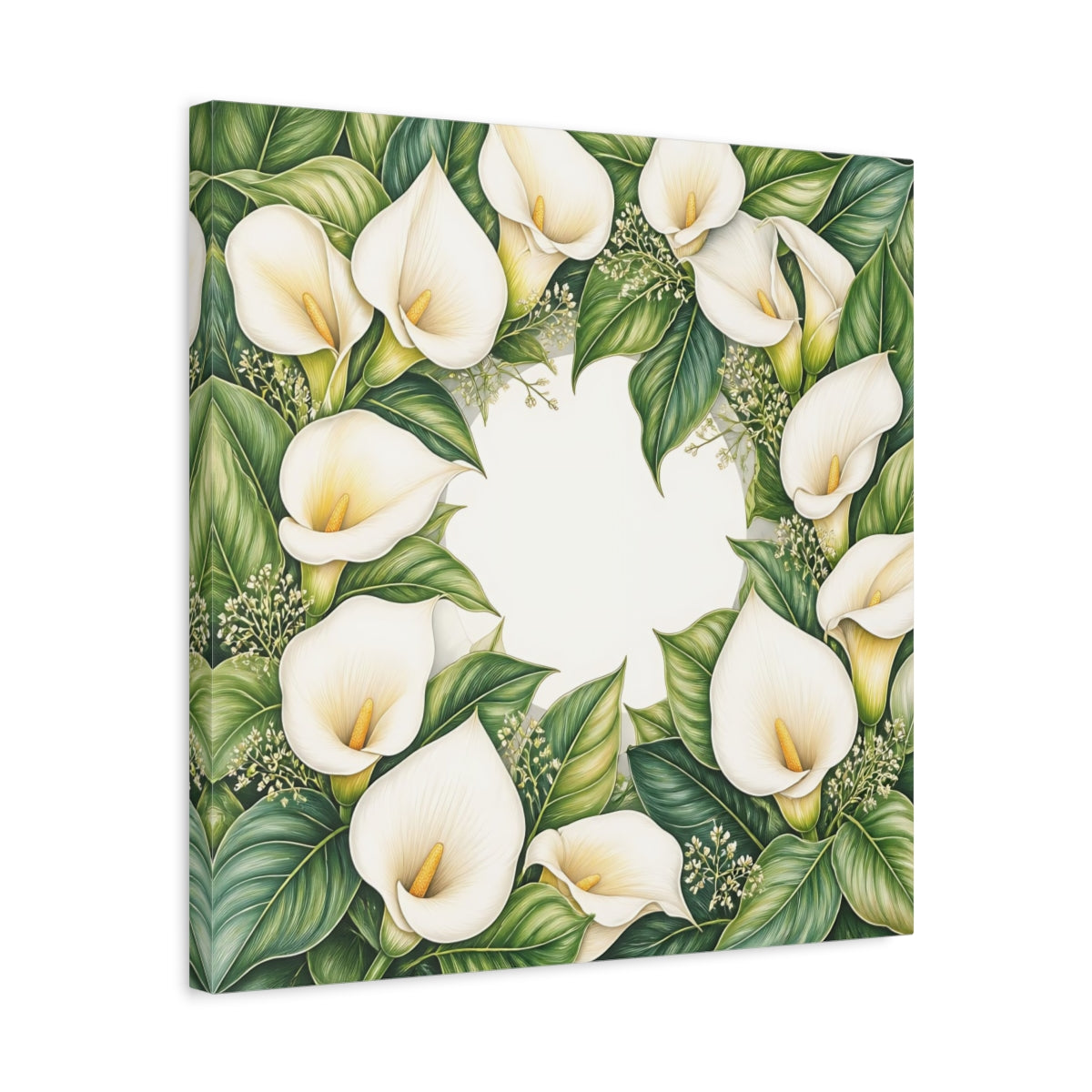 Side Mockup 5. Colored Pencil Realism, Fine Detailing, Smooth Shading Ivory Calla Lily Memory Grace shown as stretched canvas wall art