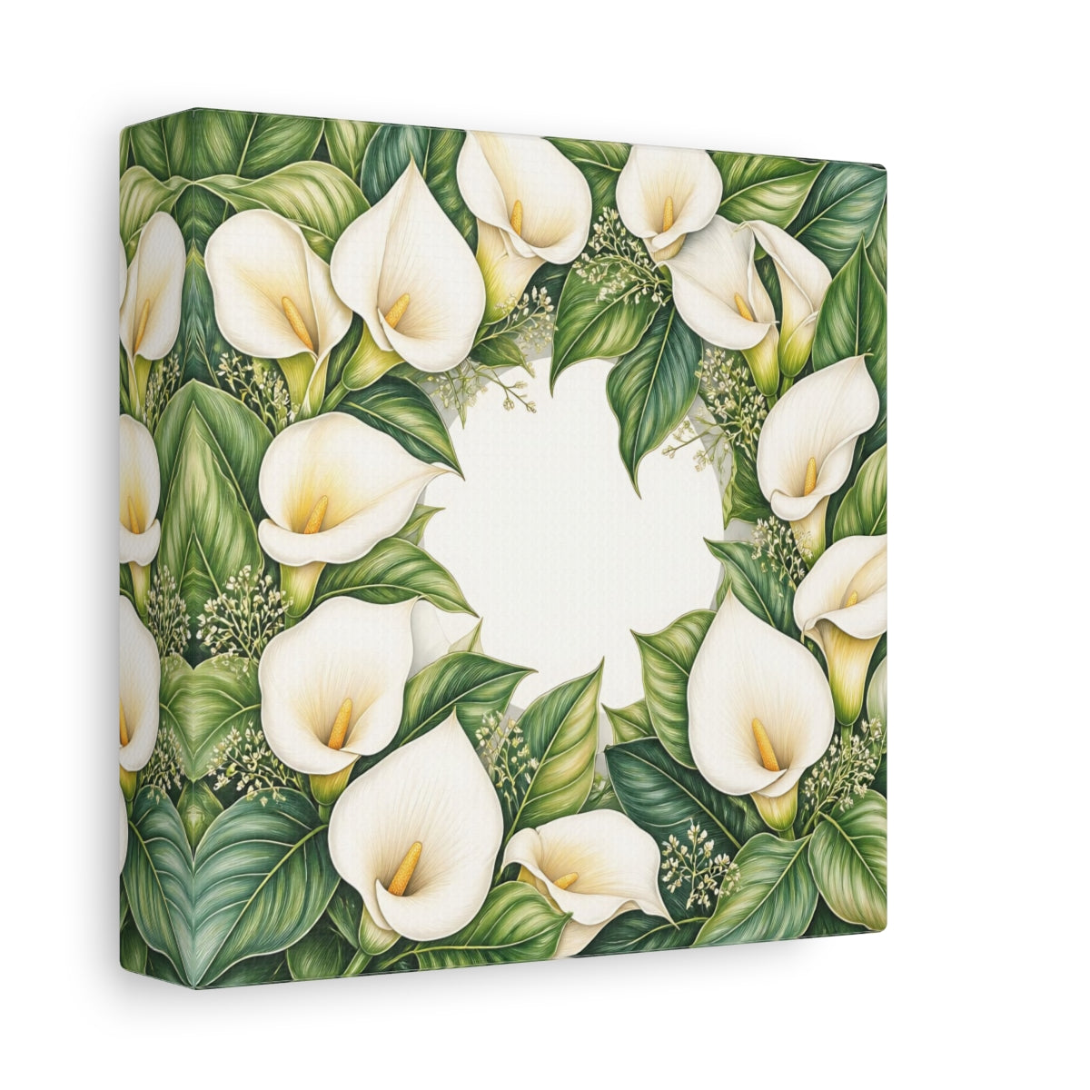 Side Mockup 2. Colored Pencil Realism, Fine Detailing, Smooth Shading Ivory Calla Lily Memory Grace shown as stretched canvas wall art