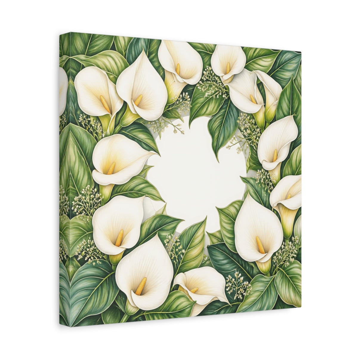 Side Mockup 7. Colored Pencil Realism, Fine Detailing, Smooth Shading Ivory Calla Lily Memory Grace shown as stretched canvas wall art