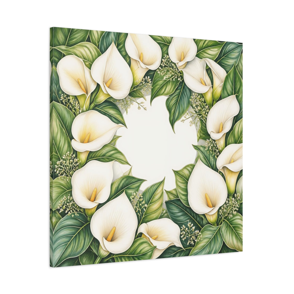 Side Mockup 1. Colored Pencil Realism, Fine Detailing, Smooth Shading Ivory Calla Lily Memory Grace shown as stretched canvas wall art