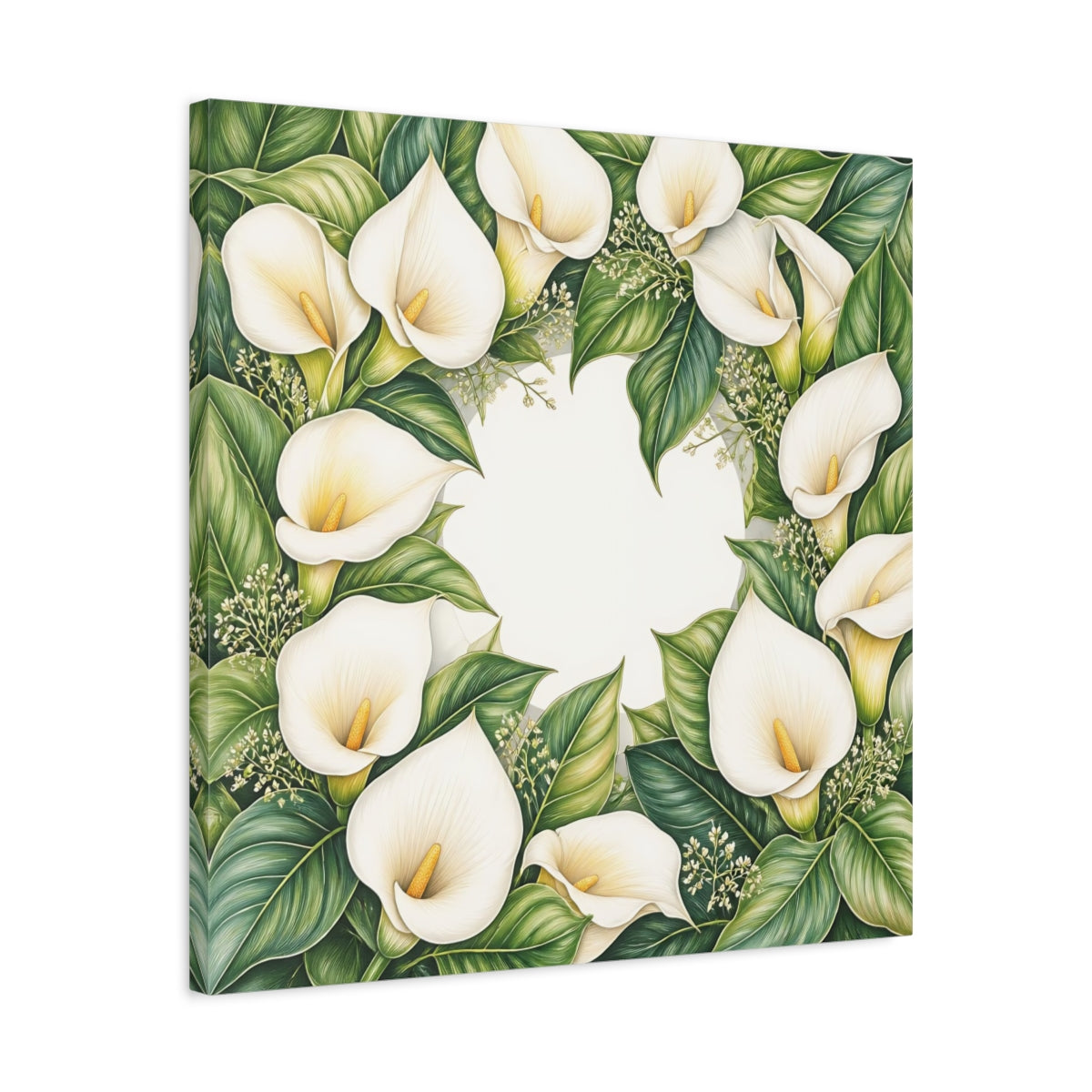 Side Mockup 4. Colored Pencil Realism, Fine Detailing, Smooth Shading Ivory Calla Lily Memory Grace shown as stretched canvas wall art
