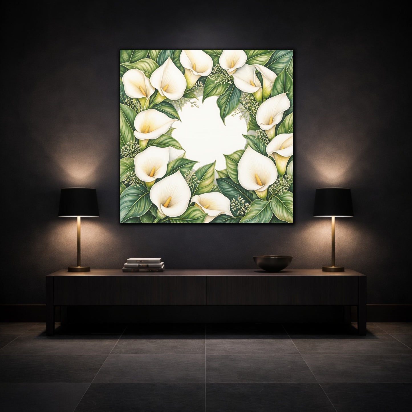 Mockup 3. Colored Pencil Realism, Fine Detailing, Smooth Shading Ivory Calla Lily Memory Grace shown as stretched canvas wall art