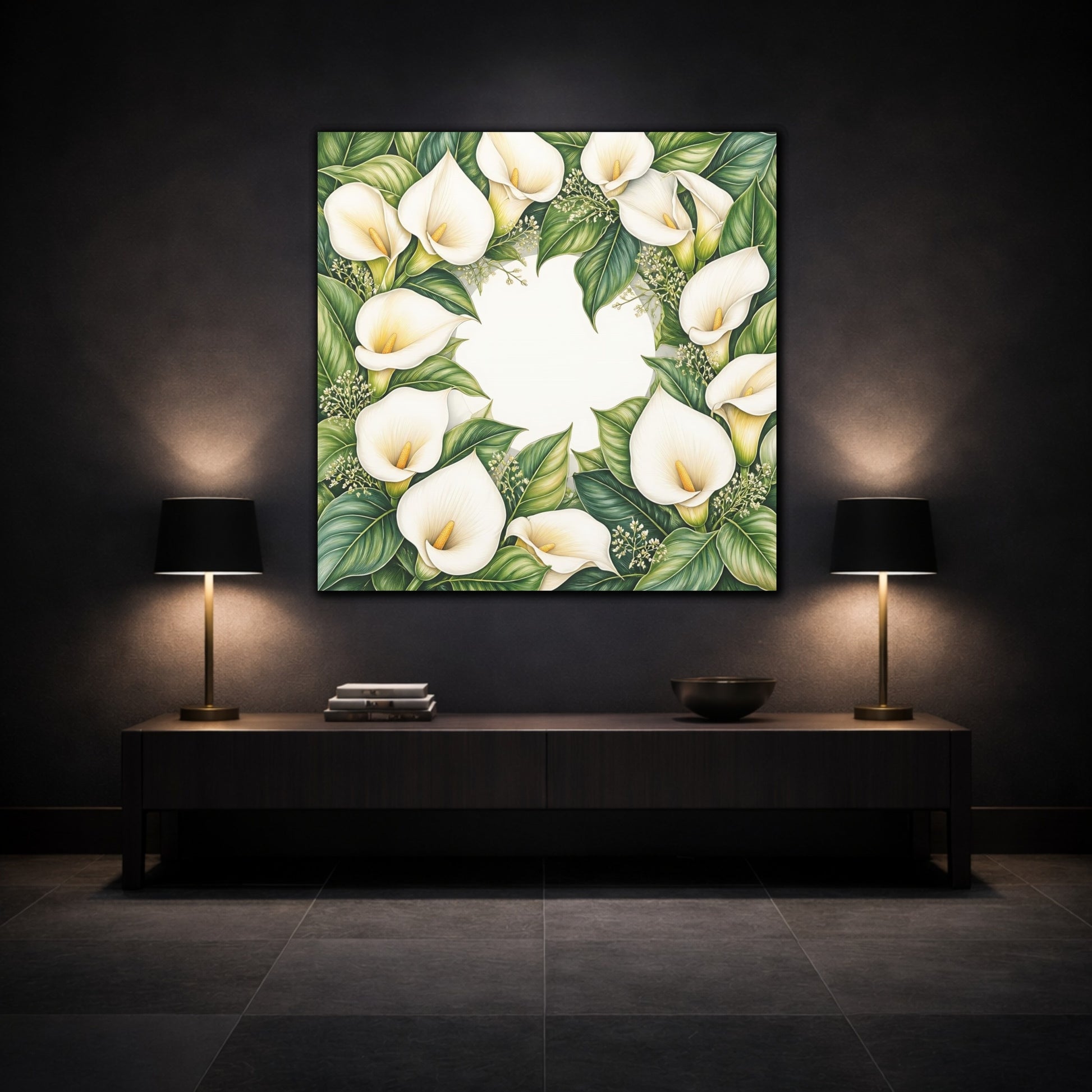 Mockup 3. Colored Pencil Realism, Fine Detailing, Smooth Shading Ivory Calla Lily Memory Grace shown as stretched canvas wall art