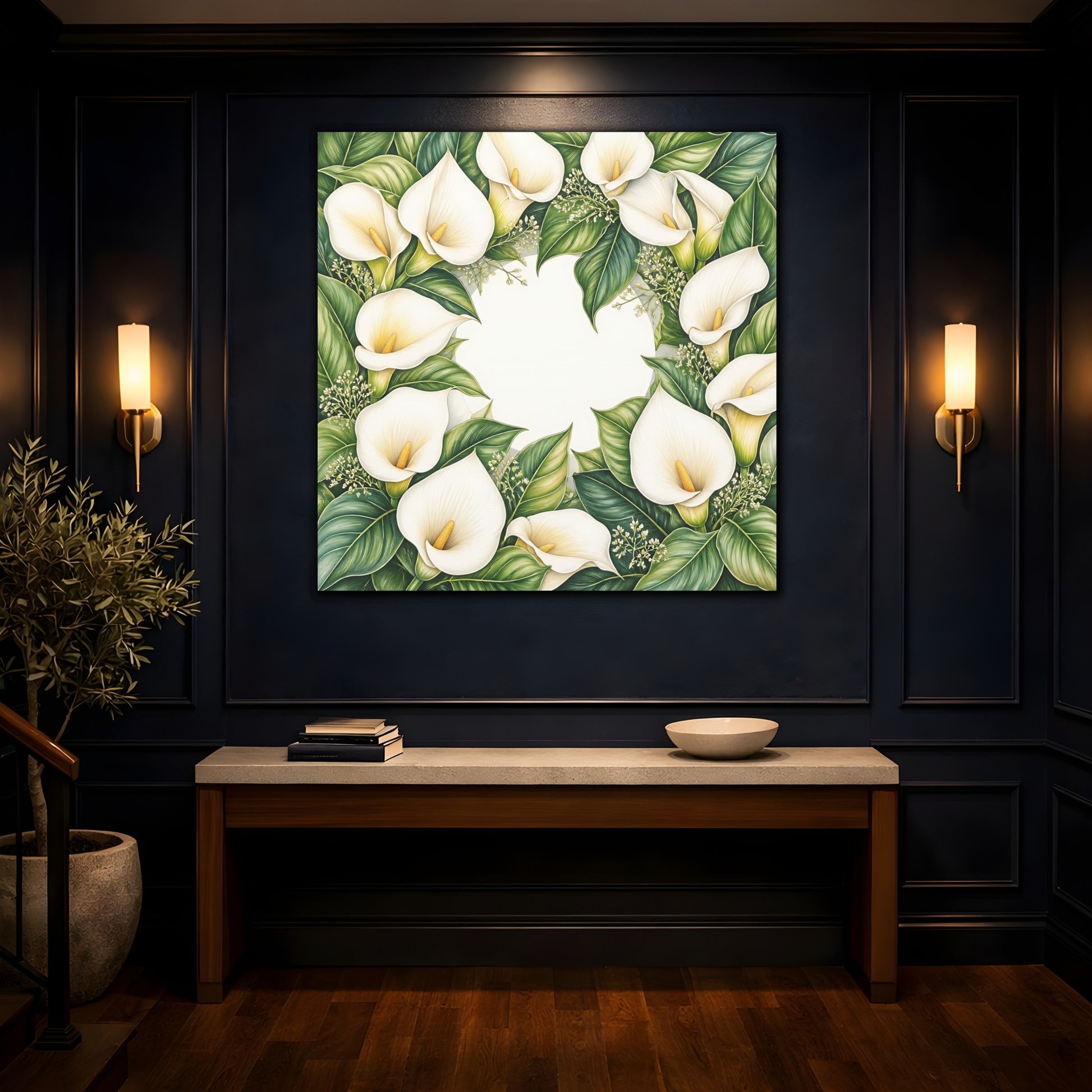 Mockup 4. Colored Pencil Realism, Fine Detailing, Smooth Shading Ivory Calla Lily Memory Grace shown as stretched canvas wall art