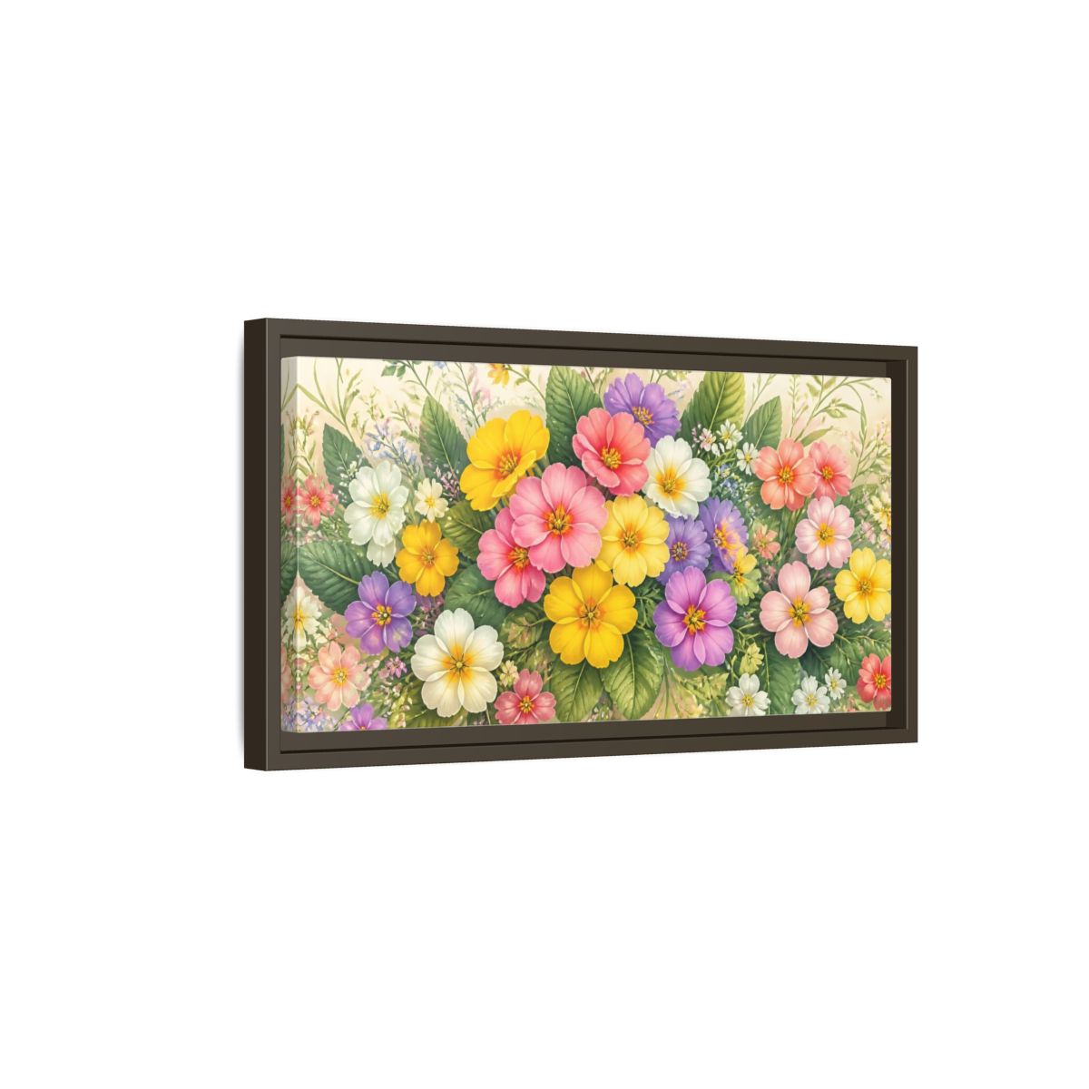 Side Mockup 7. Colorful Primrose Bouquet shown as framed canvas print