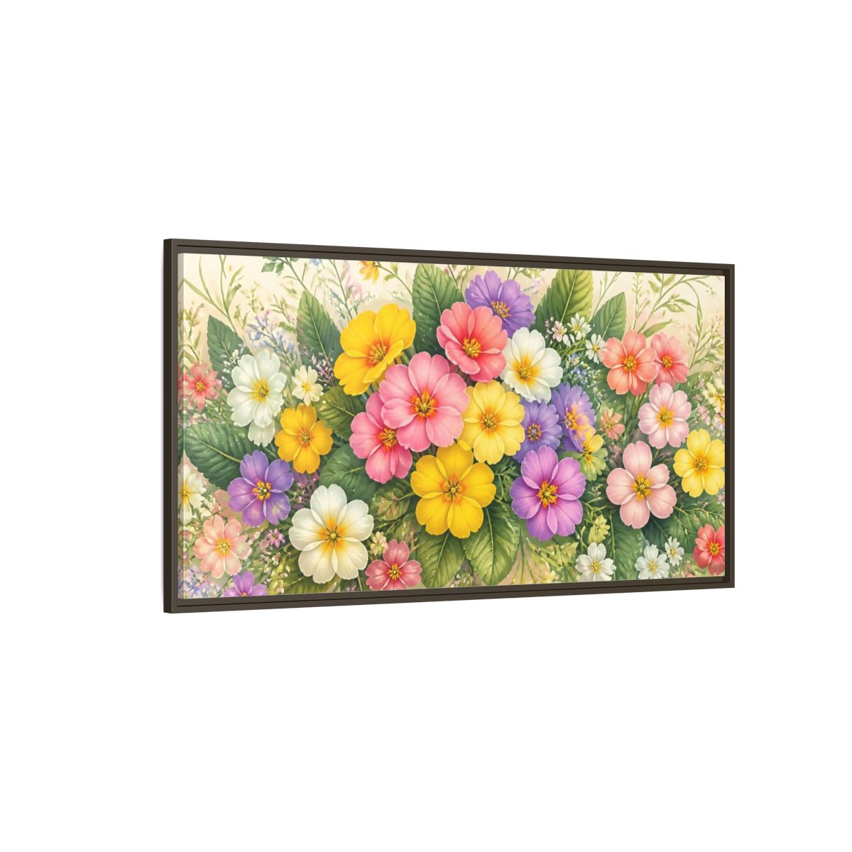 Side Mockup 4. Colorful Primrose Bouquet shown as framed canvas print