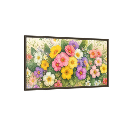 Side Mockup 4. Colorful Primrose Bouquet shown as framed canvas print