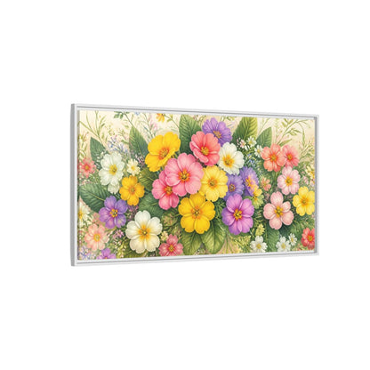Side Mockup 3. Colorful Primrose Bouquet shown as framed canvas print